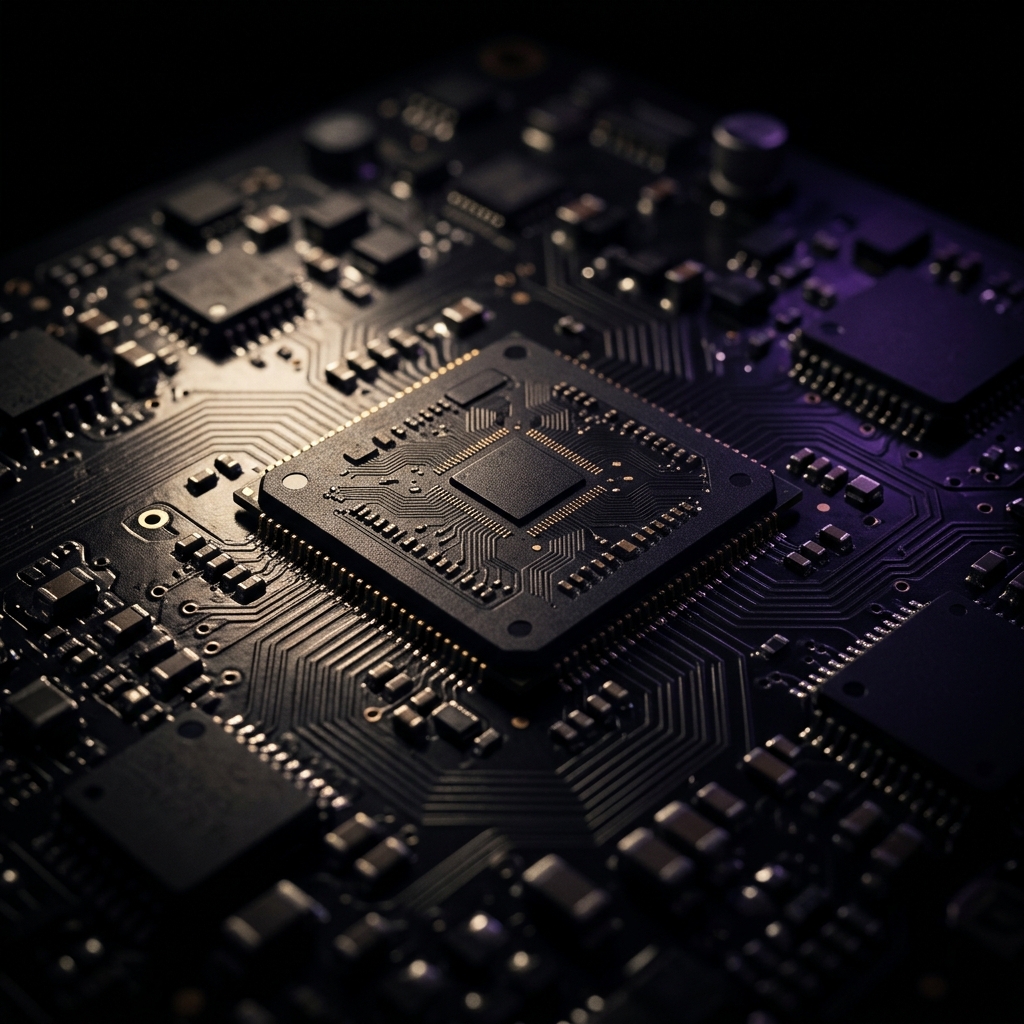 ARM processor chip with violet accent lighting